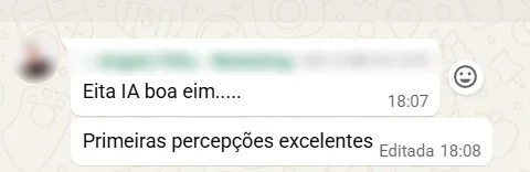 Print do grupo Dionísio + O Peixeiro no WhatsApp: Angelo escreve "Eita IA boa eim" e completa que as primeiras percepções são excelentes