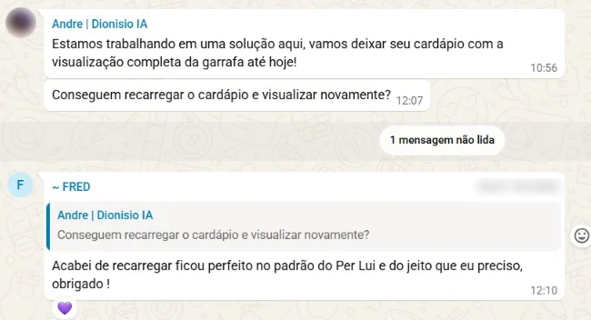 Print do grupo Dionísio + Per Lui no WhatsApp: o time avisa que o ajuste do cardápio sai no mesmo dia e o Fred confirma que ficou perfeito, do jeito que ele precisa, com um coração roxo de reação